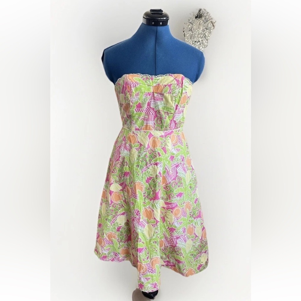 Lilly Pulitzer Lemon Green Pink Crochet Strapless dress Cocktail Party